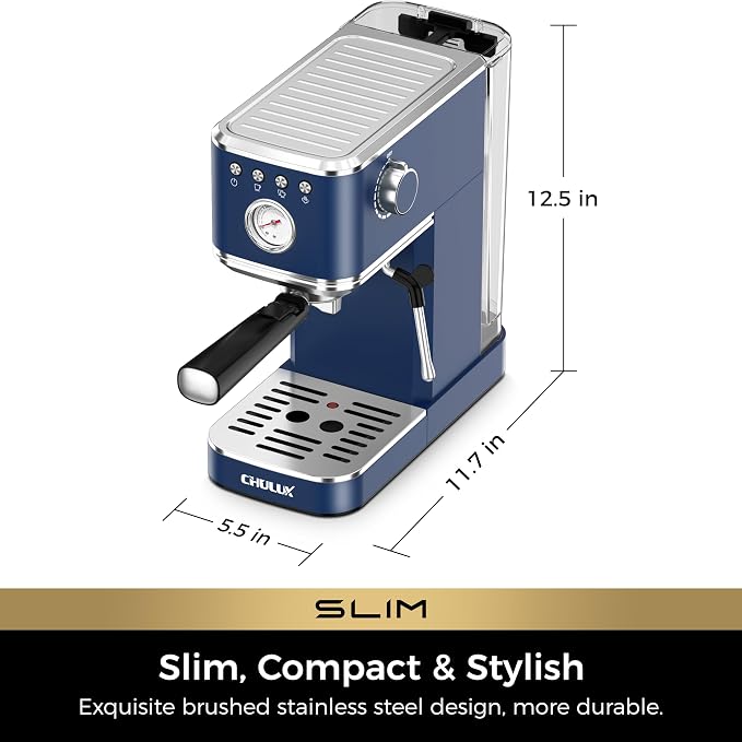 CHULUX Slim Espresso Machine with Milk Frother for Home Latte, Dark Blue | Precise Pressure Gauge, Food-Grade Materials, 20 Bar Italian Pump, Professional Temperature Control System, Stainless Steel