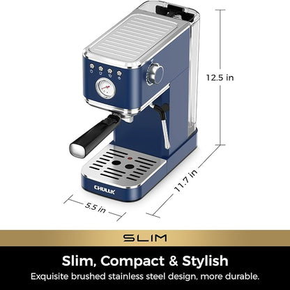 CHULUX Slim Espresso Machine with Milk Frother for Home Latte, Dark Blue | Precise Pressure Gauge, Food-Grade Materials, 20 Bar Italian Pump, Professional Temperature Control System, Stainless Steel