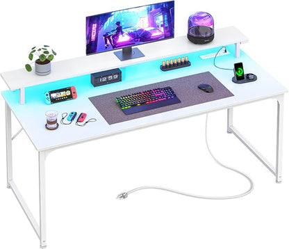 PRAISUN 48 inch Gaming Desk, LED & Power Outlets, Monitor Stand, White | Sturdy PC Desk for Home Office, Study & Work, LED Lights, 4 AC Outlets & USB-C Charging Station