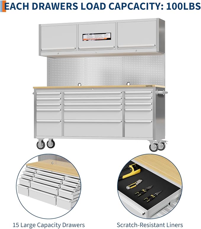 Garvee 72-Inch Heavy-Duty Rolling Tool Chest & Mobile Workbench with 9 Drawers & 3 Top Cabinet, Rubber Wood Tabletop, Key Locking System, Drawer Liners & Wheels, Steel Storage Cabinet for Garage