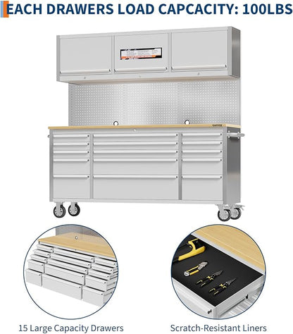 Garvee 72-Inch Heavy-Duty Rolling Tool Chest & Mobile Workbench with 9 Drawers & 3 Top Cabinet, Rubber Wood Tabletop, Key Locking System, Drawer Liners & Wheels, Steel Storage Cabinet for Garage