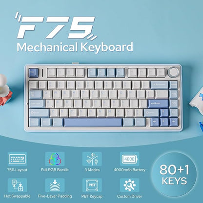 EPOMAKER x Aula F75 Gasket Mechanical Keyboard, 75% Wireless Hot Swappable Gaming Keyboard with Five-Layer Padding&Knob, BT/2.4GHz/USB-C, RGB (Sea Salt Blue, LEOBOG Reaper Switch)