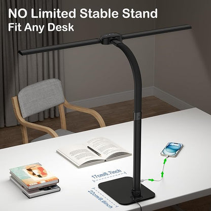 Desk Lamp with USB Charging Port for Home Office 24w Architect Remote Base Dual Task Led Light Modern 5 Color Modes Dimmable Adjustable Gooseneck Double Head Reading Drafting Eye Caring Tall Lamps