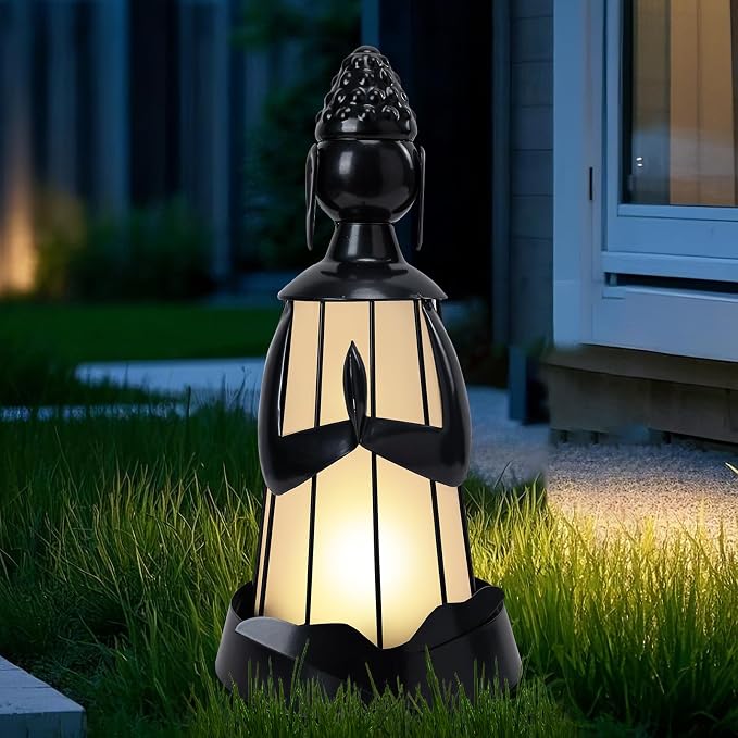Solar Buddha Figurine Lights, Metal Buddha Statue Solar Lantern Outdoor Garden Statue with Led Lights for Patio, Lawn, Yard Ornament, Housewarming Gifts