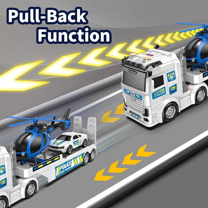 Kids Toys for Ages 3 4 5 6 7 8 Years Old Boys, 25" Large Police Semi Truck with Helicopter & Race Car, Friction Powered Vehicle with Lights & Sounds,Birthday Gift for Boys Girls