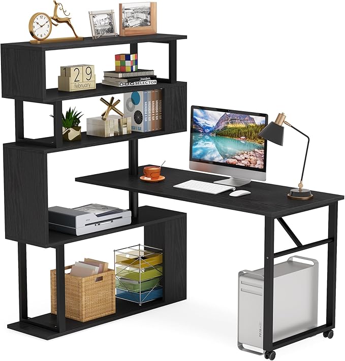 Rotating Computer Desk L-Shaped Office Desk with 5 Shelves Bookcase, Reversible Writing Desk Study Table with Wheels for Home Office, Black