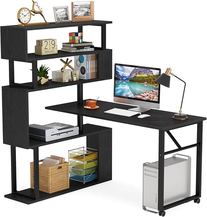 Rotating Computer Desk L-Shaped Office Desk with 5 Shelves Bookcase, Reversible Writing Desk Study Table with Wheels for Home Office, Black