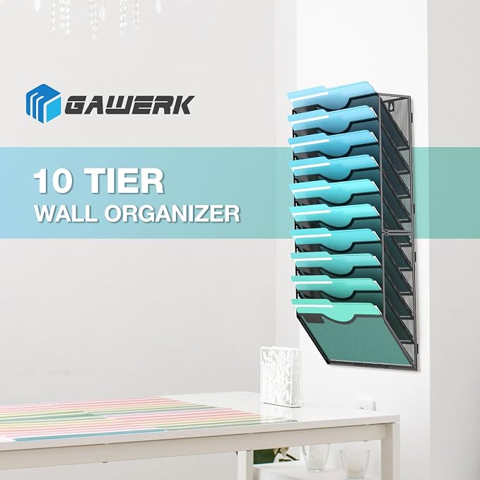 Gawerk 10-Tier Wall File Organizer Hanging Wall File Holder for Office | Wall Mount Paper Folder Organize, Mesh Magazine Document Mail Organizer Wall Organizer for Office School Home, Black