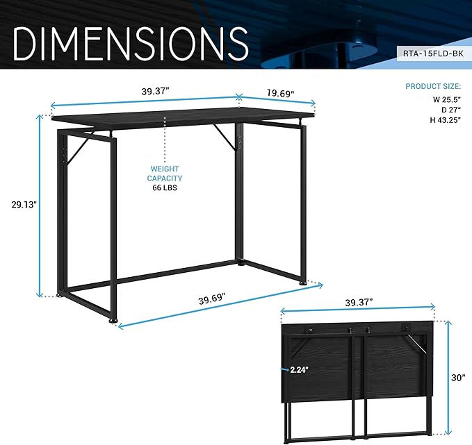 Techni Mobili Space Saving Folding Desk, Black