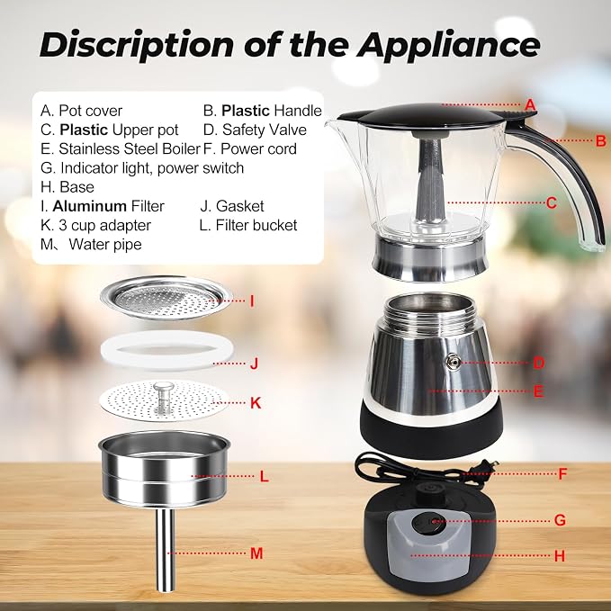 Electric Plastic Clear Moka Pot 3-6 Cup 150-300ml Mocha Pot | Stainless Steel Espresso Maker with Detachable Base Ideal Coffee Maker for Home Italian and Cuban Café Coffeemaker Black