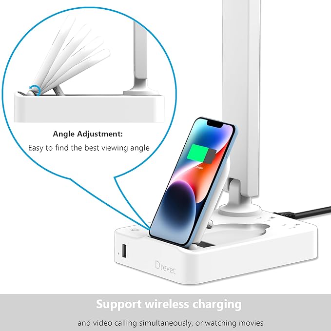 Drevet LED Desk Lamp with Wireless Charger, Desk Table Light with USB Charging Port and 2 Outlets, 3 Lighting Modes, 3 Level Brightness, 1H Timer, Touch Control, Eye-Caring Home Office Lamp, White