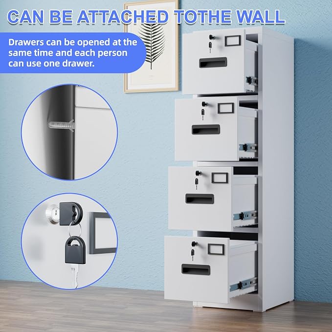 METAN Upgrade Metal 4 Drawer Files Cabinet for Home Office,Lockable Steel File Storage Cabinet with 4 Locks for Hanging Legal/Letter A4 Size, Assembly Required,White