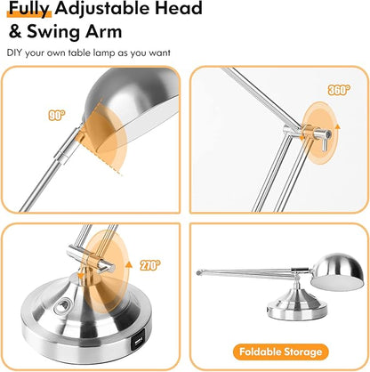 Touch Control LED Desk Lamp with USB Charging Port, Architect Brushed Nickle Lamp with Adjustable Swing Arm, Dimmable Silver Desk Lamp for Home Office Reading Study, 3000K/4000K/5000K 3 Color Modes