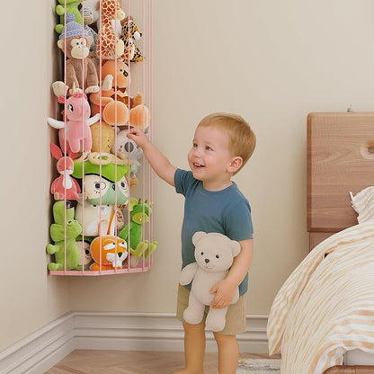 BBLlKE Stuffed Animal Storage Zoo - Corner Plush Toy Organizer Length Adjustable, Wall Hanging Stuffed Animal Net Holder for Nursery Playroom Bedroom Kids Room, Pink