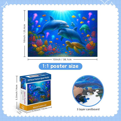 100-Piece Colorful Ocean Puzzles for Kids Ages 4-6 6-8 8-10, 100-Piece Jigsaw Puzzle with Dolphins, Sea Turtles, Fish & Coral – Educational Toy for Boys & Girls – Underwater Animal Puzzle Game