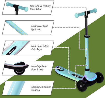 Rahmory Kids Scooter for Boys Girls Ages 3-8, 3 Wheel Light Up Toddler Kick Scooter with 20 Dynamic LED Modes, Foldable Adjustable Height, Extra Wide Deck, Lean to Steer Outdoor Toy Gift