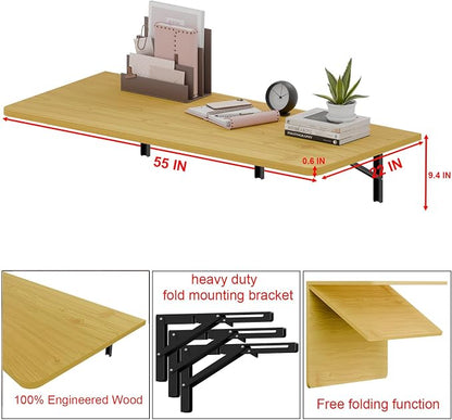 IAE 55x22in Floating Fold Desk,Wall-Mounted Folding Computer Table,Natural | Study Table with Shelf Brackets,Foldable Down Shelf with Engineered Wood,Fold Computer Desk for Small Apartment,Holds 513 lb