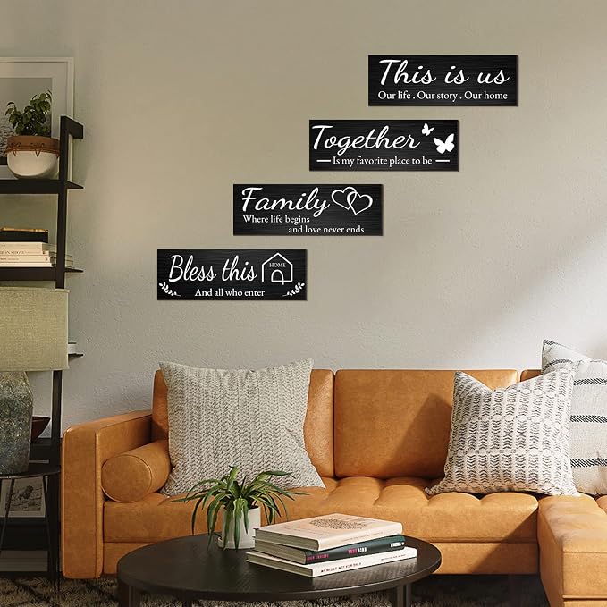 Joyhawk 4 Pieces Home Wall Decor Signs, THIS IS US/TOGETHER/BLESS THIS HOME/FAMILY Wall Decor For Living Room Bedroom, Rustic Wooden Farmhouse Wall Art Decor, 4.7 x 13.8 Inch(Black)
