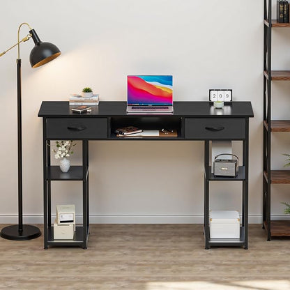 OLIXIS 48 Inch Desk with Storage, Computer Desk, Fabric Drawers | Home Office, Gaming Writing, Study Work, PC Table, Small Space Bedroom, Black