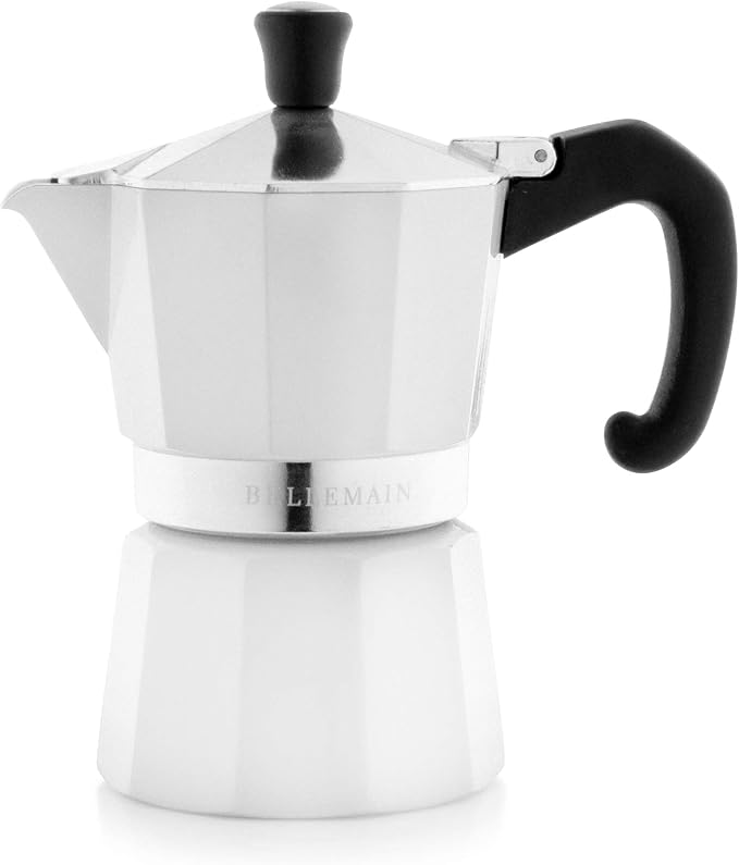 Bellemain Stovetop Espresso Maker Moka Pot (White, 3 Cup) | Classic aluminum design brews rich espresso at home or camping, with an easy-to-use and easy-to-clean design.