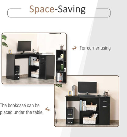 HOMCOM L Shaped Computer Desk 180° Rotating 47.25"x19.75"x 53.75", Black | Corner Desk, Storage Shelves, Drawer, Cabinet, Study Workstation, for Home Office