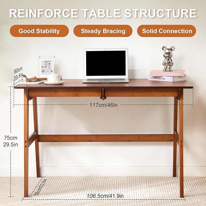 Nnewvante 46" Bamboo Writing Desk with Drawers for Home Office, Brown | Work Study Laptop Table, Computer Desk with Storage for Bedroom, Modern Simple Style