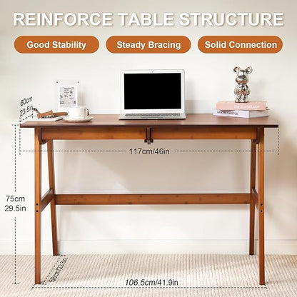 Nnewvante 46" Bamboo Writing Desk with Drawers for Home Office, Brown | Work Study Laptop Table, Computer Desk with Storage for Bedroom, Modern Simple Style