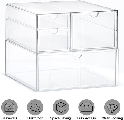 Prsildan Acrylic Drawer Makeup Organizer with 4 Drawers, Set of 2 | Clear, Baby Bottle Storage, For Vanity Countertop Bathroom Cosmetic Office Desk, Craft Jewelry Art Supply Organization