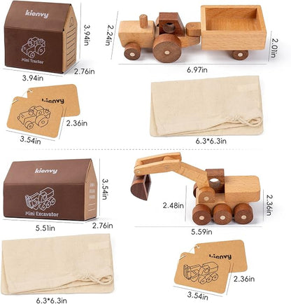 Wooden Toy Cars for 3 Year Old Boys & Girls - Construction Vehicles Set Push Toys for Toddlers, Wood Montessori Car with Rolling Wheels, Natural Wood Toys (Excavator & Tractor)