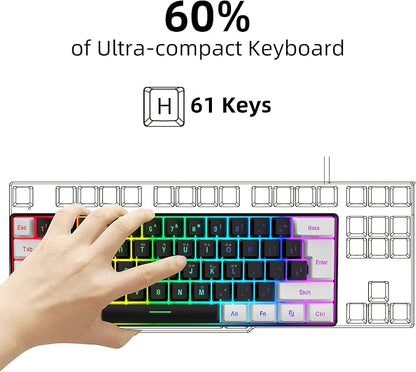 Snpurdiri 60% Wired Gaming Keyboard, Small RGB Backlit Membrane Gaming Keyboard, Ultra-Compact Mini Waterproof Keyboard for PC Computer Gamer White and Black | Backlit Small Membrane Gaming Keyboard for PC Computer Gamer