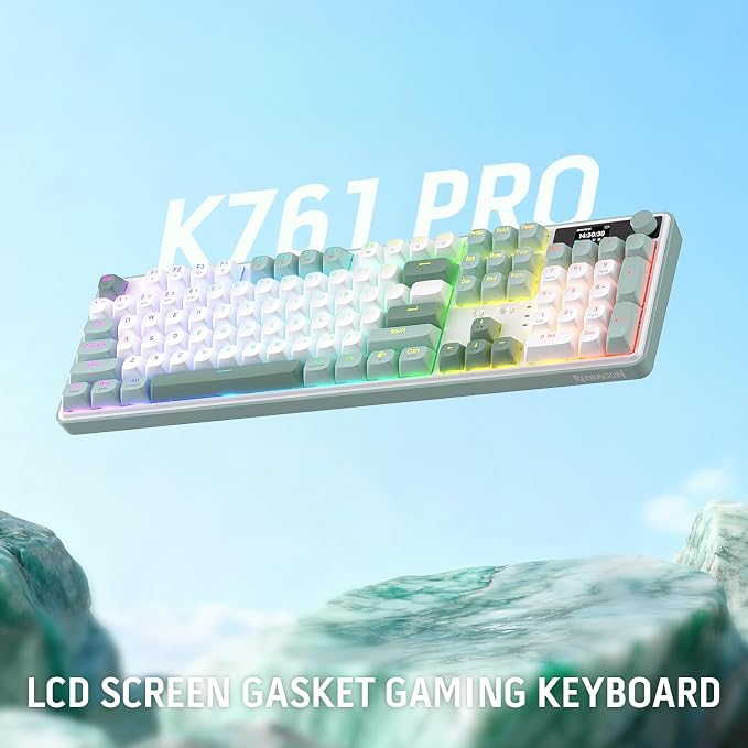 Redragon K761 PRO Wireless 104-Key Gasket Gaming Keyboard, Screen & Knob | Easy-Control LED Info Display, 0-Delay Tri-Mode, Cushioned 5-Layer Noise Dampening for Creamy Thocky Sound, Standard 104 keys