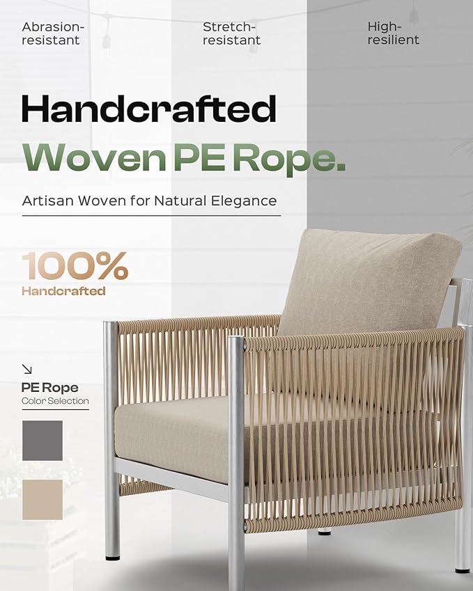 Aluminum Outdoor Sofa Armchair, HDPE Rope Patio Couch with Washable Thick Cushion, All-Weather Outdoor Patio Chairs Set of 2 for Balcony, Yard, Silver Frame, Beige
