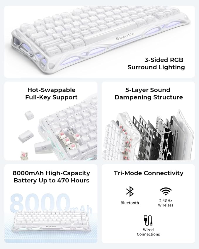 GravaStar Mercury K1 75% Wireless Mechanical Gaming Keyboard RGB Backlit | Gasket Mount, Hot Swappable Linear Switches, Creamy Sound Keyboard, 2.4GHz/USB-C/Bluetooth 5.0, for Win/Mac【Opaline White】