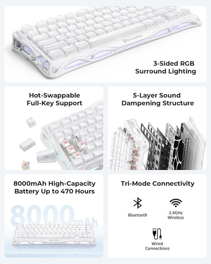 GravaStar Mercury K1 75% Wireless Mechanical Gaming Keyboard RGB Backlit | Gasket Mount, Hot Swappable Linear Switches, Creamy Sound Keyboard, 2.4GHz/USB-C/Bluetooth 5.0, for Win/Mac【Opaline White】