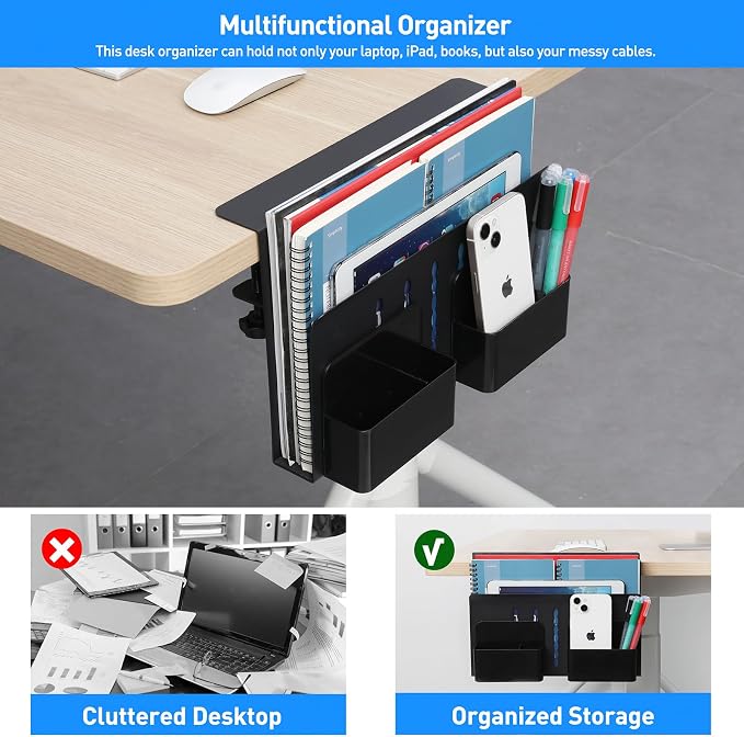 MAXECHO Desk Side Storage, Under Desk Laptop Mount, Table Side Hanging File Organizer, No Drill Clamp On Cable Management Tray, Laptop Holder with Magnetic Pen Holder for Office and Home, Load 22 Lbs