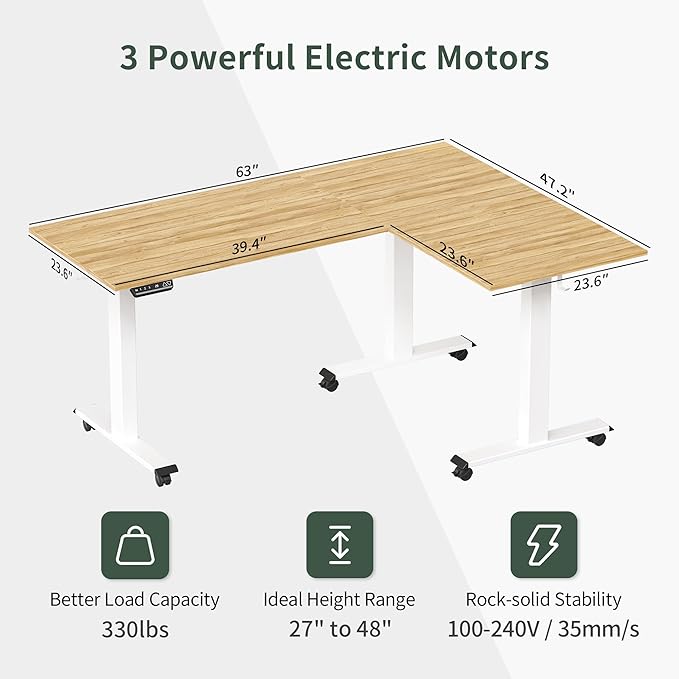 FEZIBO Triple Motor L-Shaped Electric Standing Desk, 63 Inches Height Adjustable Stand up Corner Desk, Sit Stand Workstation with Splice Board, White Frame/Natural Top