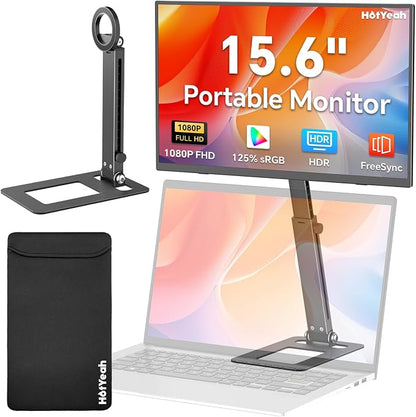 HotYeah Travel Portable Monitor with Stand, w/Magnetic Stand & Speaker | 15.6" 1080P 125% sRGB USB-C HDMI HDR External Display, 2nd Screen for Laptop MacBook Computer Phone Tablet Switch PS5 Xbox