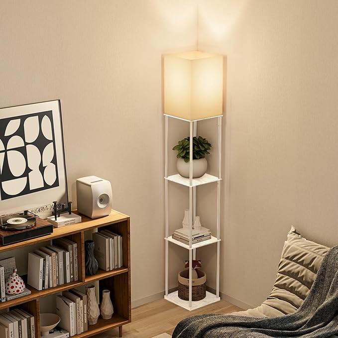 Gupuzm Floor Lamp with Shelves, Modern Square Standing Lamp with 3 Color Temperature Bulb, Corner Display Bookshelf Lamp for Living Room, Bedroom and Office（White）