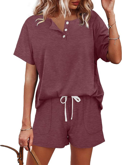 WIHOLL Two Piece Outfits for Women Lounge Sets Button Down Top and Shorts Set Sweatsuits with Pockets