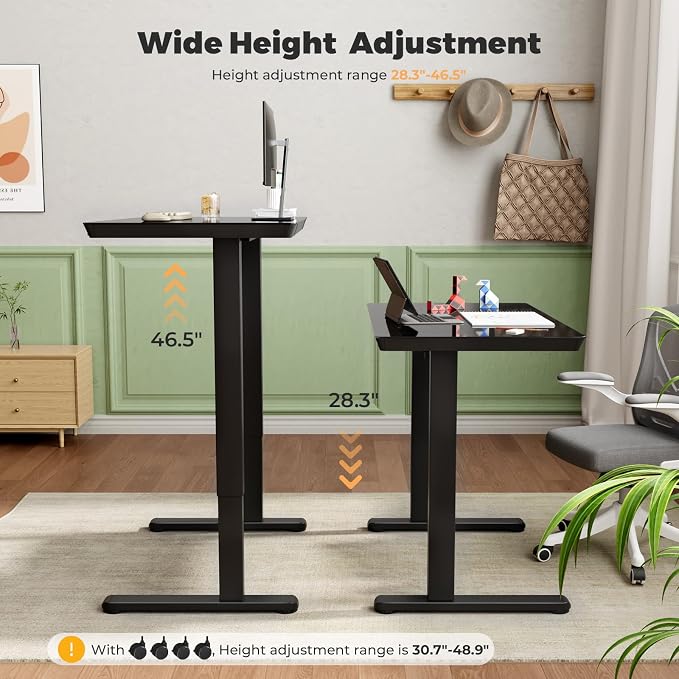 35" Electric Standing Desk with Drawer, One-Piece Glass Top | Quick Install One-Piece Tabletop with USB Charging Ports, Sit Stand Computer Desk with Wheels for Small Space, Black