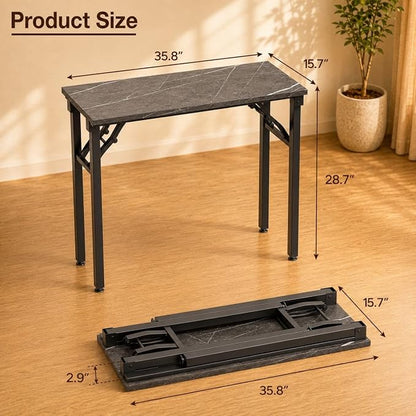 Folding Table Computer Desk - 35.8" No Assembly Folding Desk Design and Foldable Office Desk, Small Desk for Bedroom, Compact Storage Portable Use for Dorm and RV Small Space, Marble Greige