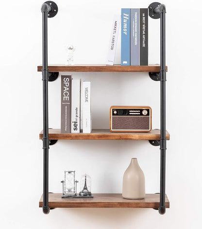 Industrial Wall Mounted Pipe Shelving,Rustic Metal Floating Shelves,Steampunk Real Wood Bookcases,DIY Bookshelf Hanging Shelves,Farmhouse Kitchen Bar Office Home Storage (4-Tier with 3 Boards,24in)