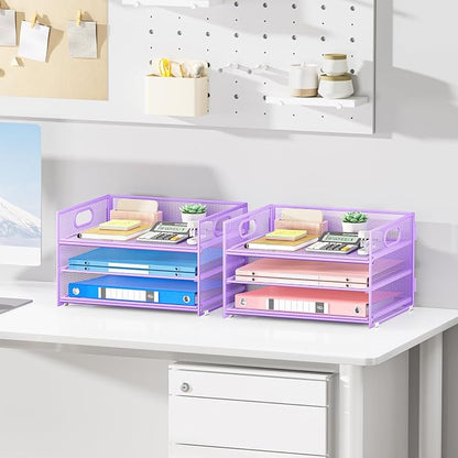 Subekyu 2-Pack 3-Tier Purple Metal Mesh Desk Paper Letter Tray & File Sorter Organizer with Handle + 1 Sliding Tray for Desk, Home, Office, School Supplies, A4 Paper and Accessories Storage