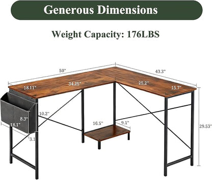 L Shaped Desk Computer Desk, 50inch Brown Gaming Desk with CPU Stand | Reversible Corner Desk, Storage Bag, Sturdy Metal Frame, Student Study Writing Table for Home Office