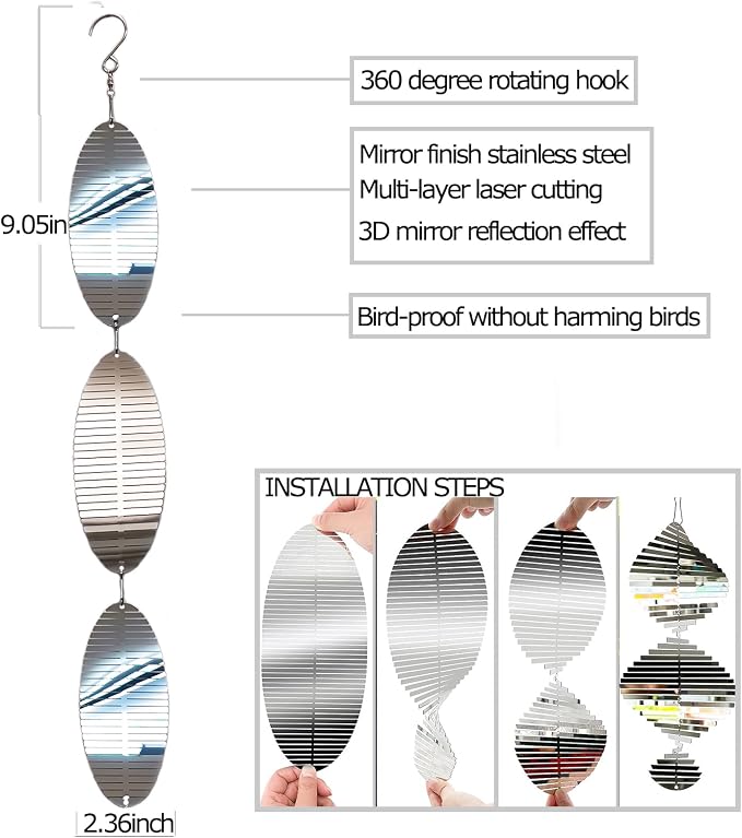 DJUAN Metal Bird Scare Discs Set-Highly Reflective Double-Sided Bird Reflectors,Extra Sparkly Wind Spinners Outdoor Garden Decor, Bird Devices Deterrent to Scare Birds Away from Yard Patio Farm