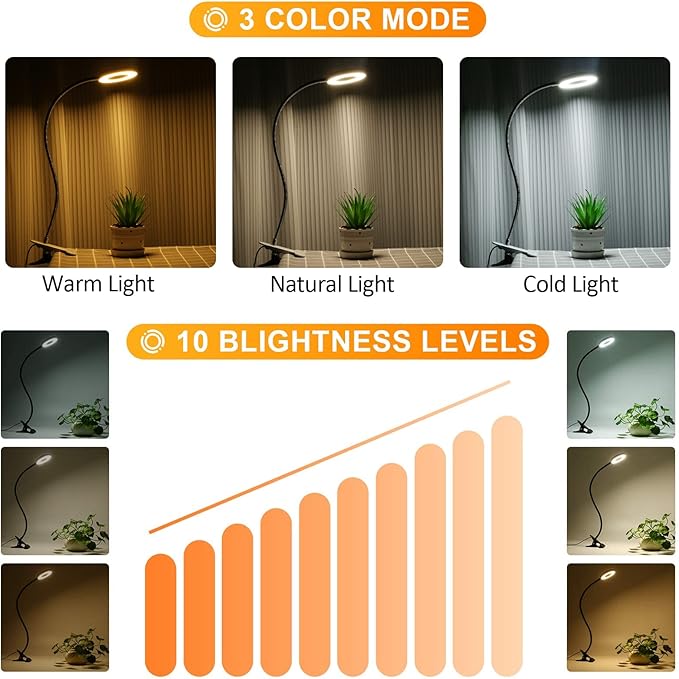 Clip on Light Reading Lights , 48 LED USB Desk Lamp with 3 Color Modes 10 Brightness, Eye Protection Book Clamp Light , 360 ° Flexible Gooseneck Clamp Lamp for Desk Headboard and Video Conferencing