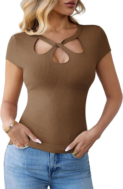 Pink Queen Sexy Tops for Women Cutout Keyhole Neck Cap Sleeve Shirts Casual Summer Clothes 2026 Fashion