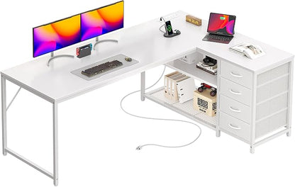 PRAISUN 61" L Shaped Desk with Power Outlets & USB-C Port, Reversible Computer Corner Office Desk with 4 Fabric Drawers and 2 Storage Shelves, Large Desk for Gaming Writing Study, White