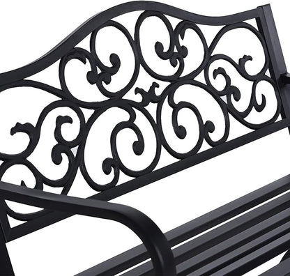 Sophia & William 50" Outdoor Garden Bench Patio Park Bench, Cast Iron Metal Frame Furniture with Floral Design Backrest for Porch Yard Lawn Deck, Black