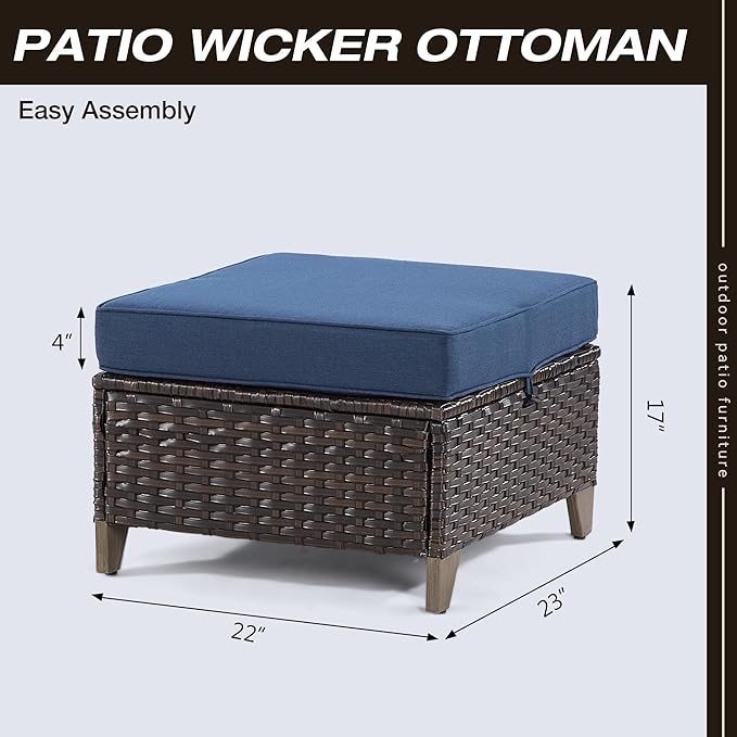 Joyside Patio Ottoman Set of 2, All Weather Outdoor Rattan Ottomans Patio Footstools with Removable Cushions for Garden Backyard Porch (Blue)
